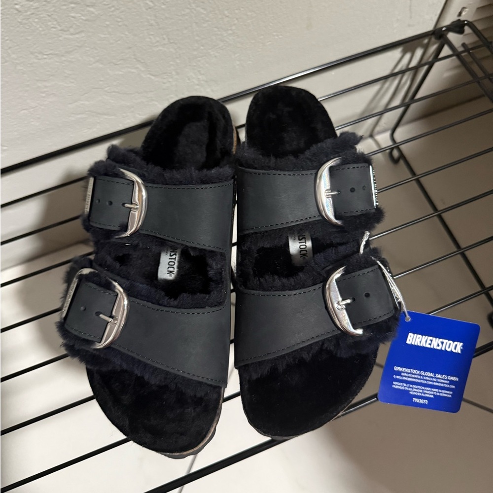 Birkenstock Arizona Big Buckle Shearling Black NWT Women’s Size 36 Two Strap - Picture 6 of 12